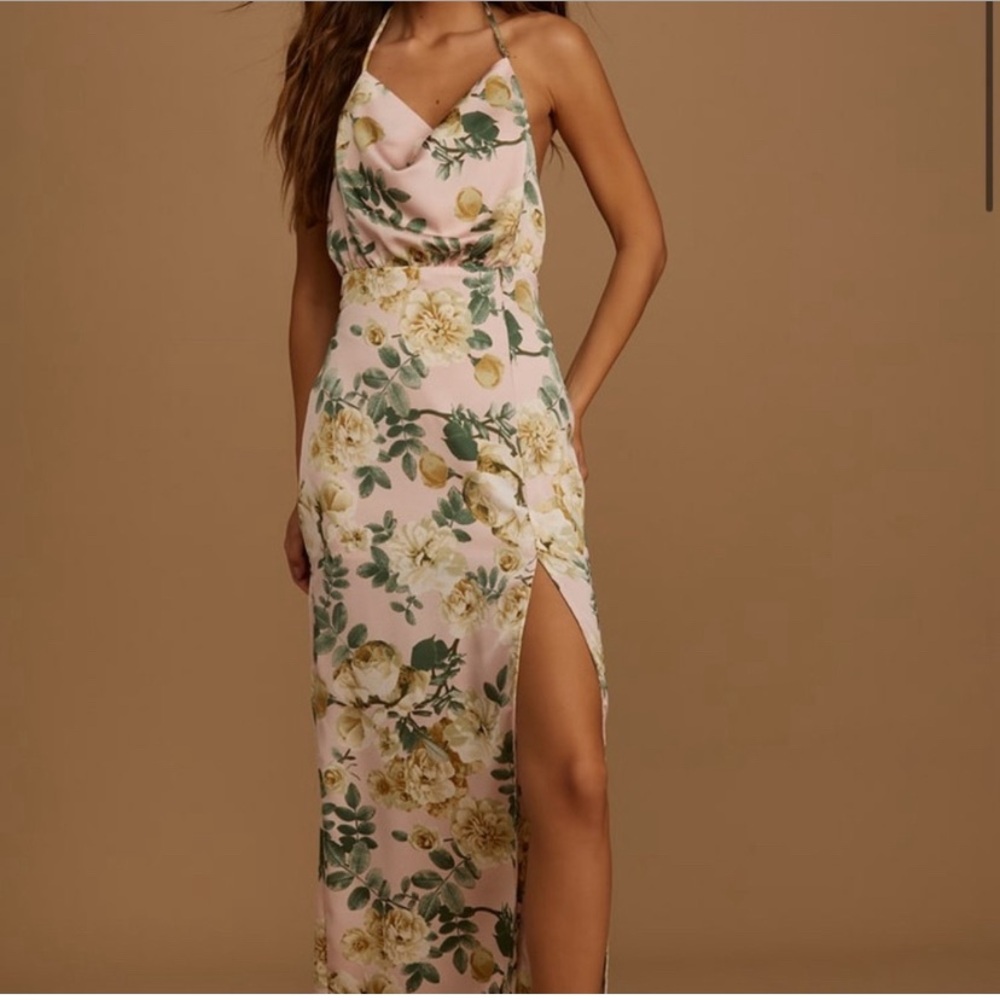 Lulus Pink Floral Print Satin Sleeveless Halter Maxi Dress